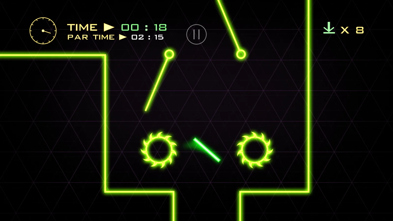 A glowing green stick threading between neon saws in Buzz Cut
